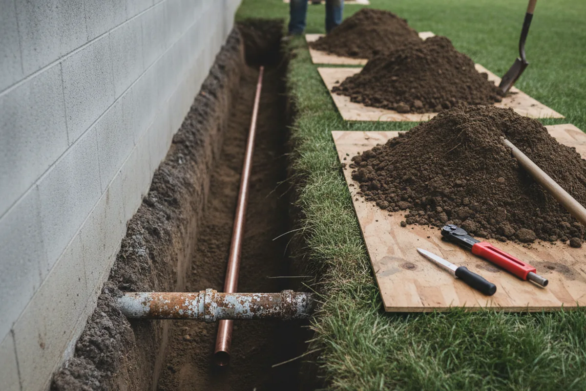 Excavated water line trench during Sewer Line Repair in Edgewater